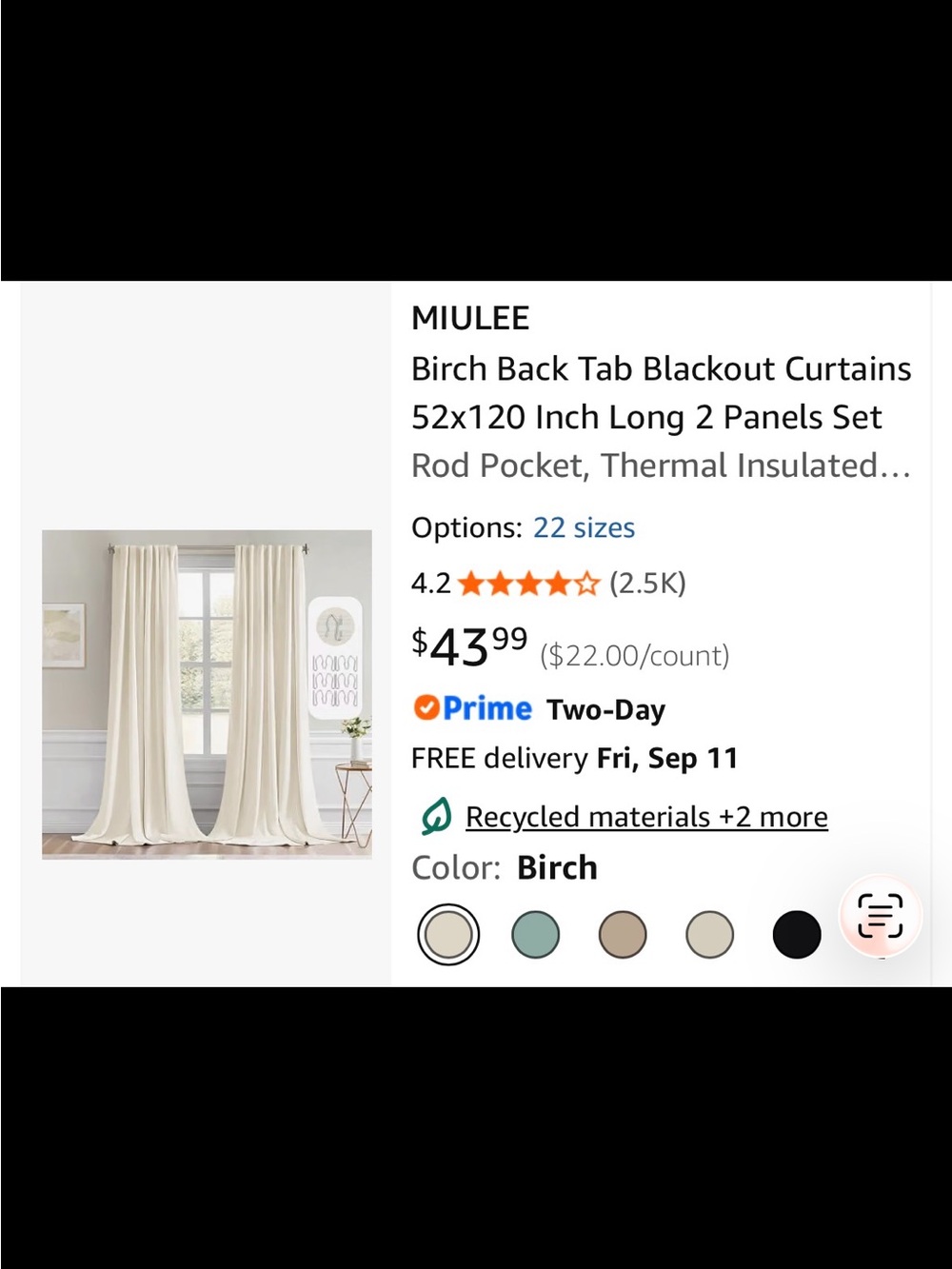 Birch Blackout Curtains - 2-Panel Set in Birch 52”x120” NlOB